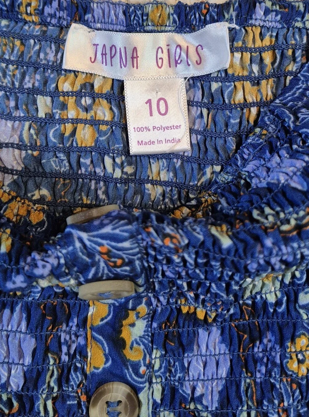 Girls' Blue Floral Smocked Romper with Tassel Tie